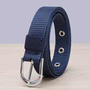 Women casual canvas belt with silver pin buckle and metal eyelets for daily wear and outdoor sports.