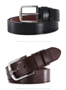 Men casual leather belt with metal pin buckle and vintage embossed skull pattern for daily wear.