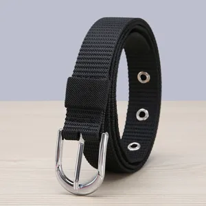 Black nylon canvas belt detail view, durable metal buckle and grommets for daily wear.