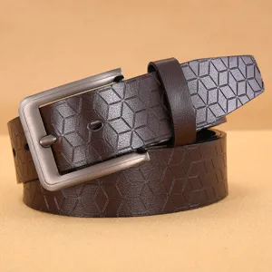 Detail view of men's casual brown PU leather belt featuring geometric embossing and pin buckle.