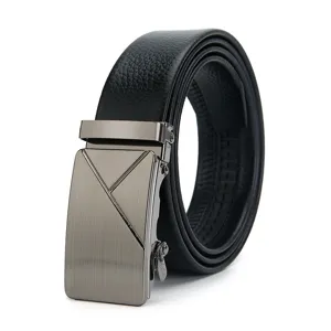 Close-up of black leather belt detail with brushed metal automatic buckle craftsmanship.
