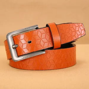 Stylish orange geometric textured men leather belt with metal pin buckle for daily casual wear