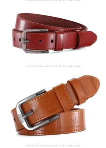 Men's vintage pin buckle leather belt with embossed skull pattern casual waist belt for men.