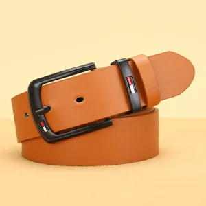 Stylish mens brown faux leather belt with black metal pin buckle for casual jeans wear.