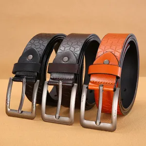 Men's casual PU leather belt with geometric pattern and metal pin buckle for jeans.