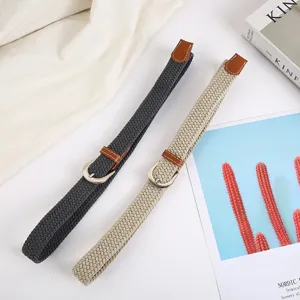 Unisex elastic braided belt with metal buckle, stretchable woven fabric belt for casual jeans.