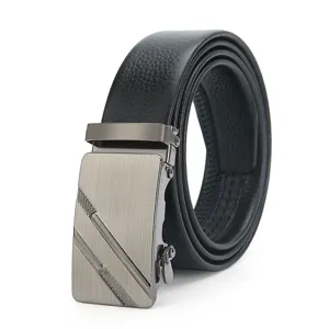 Men's black leather belt with automatic metal buckle, business casual dress belt for men.