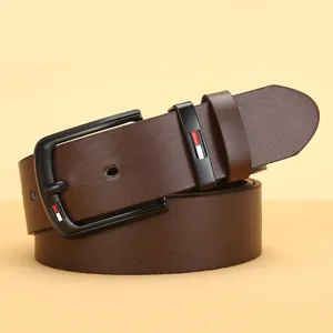 Men dark brown faux leather belt with black pin buckle and classic flag logo design.