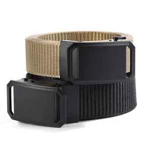 Men's tactical nylon belt with alloy automatic buckle, durable outdoor casual canvas waist belt.