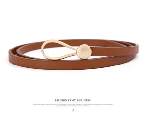 Dettaglio squisito di cintura sottile da donna in pelle PU marrone con fibbia dorata.