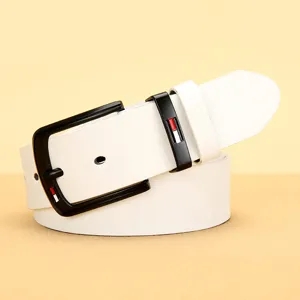 White synthetic leather men dress belt with black metal pin buckle and striped loop detail.