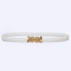 Elegant women pearl waist belt with gold flower buckle sweet dress decorative chain