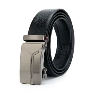 Close-up detail of black leather men's belt with stylish automatic metal buckle.
