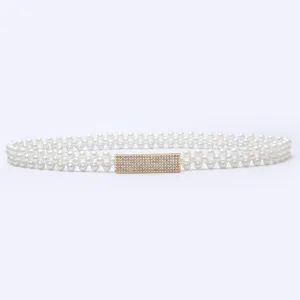 Women pearl rhinestone waist chain elastic belt for dress sweater decorative details