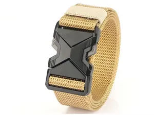 Men tactical nylon belt detail shot showing the durable buckle and sturdy khaki woven strap.