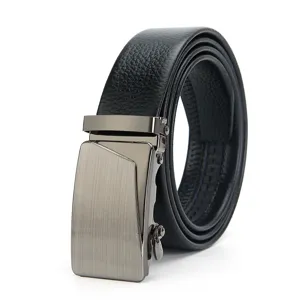 Detailed close-up of mens black automatic buckle leather belt, business casual design style.