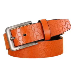 Orange textured mens casual belt with stylish metal pin buckle faux leather strap for jeans