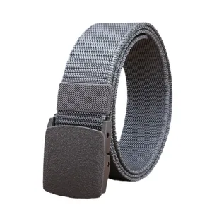 Grey nylon tactical belt for outdoor sports, breathable casual canvas belt with plastic buckle.