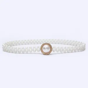 Pearl rhinestone belt detail, elegant white beaded waist chain for dresses and sweaters.