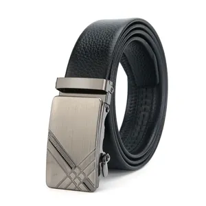 Men's leather belt with automatic metal buckle, classic business casual design for trousers.