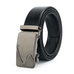 Men black leather belt with gunmetal automatic metal buckle casual business stylish trousers belt