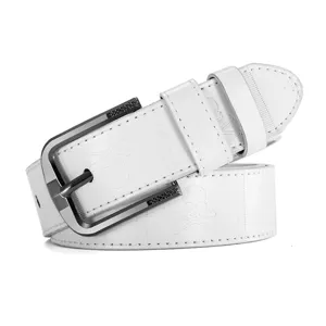 Men's white leather belt featuring a metal pin buckle and stylish skull debossed pattern.