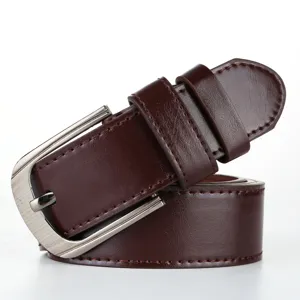 Close-up detail of the dark brown leather belt with silver pin buckle and neat stitching.