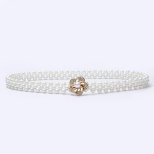 Pearl rhinestone waist belt for women, elegant dress sweater decorative elastic waist chain.