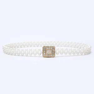 Pearl waist belt for women, elegant rhinestone square buckle dress sweater chain accessory.