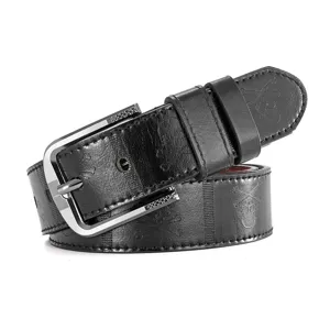 Men's black leather belt with stylish pin buckle and embossed skull design for casual wear.