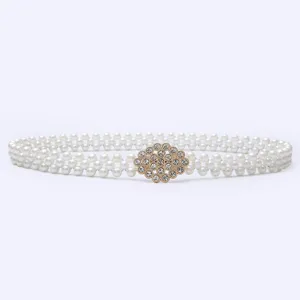 Pearl rhinestone belt for women, elegant dress waist chain with elastic sparkling design.