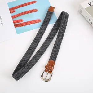 Elastic woven belt with brown leather ends and silver buckle, versatile casual jeans belt.