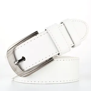Detailed view of white leather belt featuring silver metal pin buckle and clean stitching.