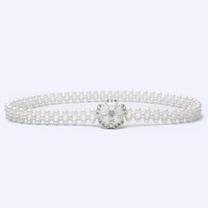 Pearl rhinestone waist belt detail, elegant flower metal buckle, elastic dress accessory