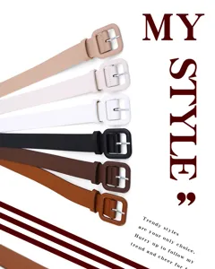 Close up detail of multiple fashion leather belts with square buckles in various colors.