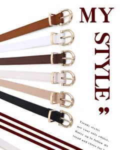 Gros plan de ceintures en cuir fin avec boucles métalliques dorées en plusieurs couleurs.