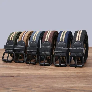 Men's casual canvas woven belt with metal pin buckle and stripes design multi colors