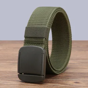 Green nylon canvas tactical belt with plastic buckle, metal-free daily casual waist strap.