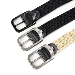 Close-up of woven elastic belt detail featuring metal buckle and durable stretch canvas material.