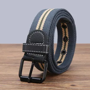Closeup of a grey canvas belt with stripes, black metal pin buckle and eyelets detail view.