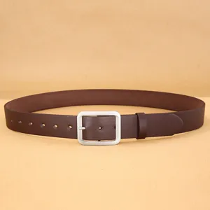 Closeup detail of brown PU leather men belt with silver square pin buckle for casual daily wear.