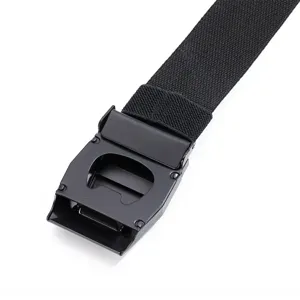 Tactical nylon belt detail shot, durable black metal buckle with canvas webbing design.