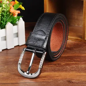 Detailed view of black PU leather men's belt with silver pin buckle, retro style daily wear.
