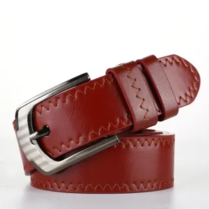 Men casual PU leather belt wine red stylish metal pin buckle accessory for pants