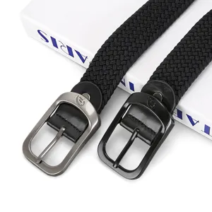 Detailed shot of woven elastic belts with metal buckles placed on a clean white prop background.
