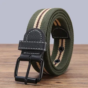 Men Casual Canvas Belt Woven Stripe Waistband With Iron Pin Buckle Metal Eyelets Fashion Daily Accessories