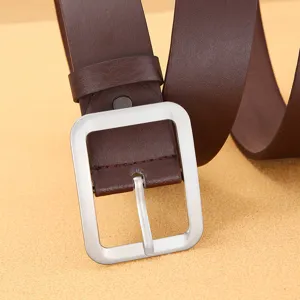 Close-up view of men brown PU leather belt with silver square pin buckle for casual jeans.