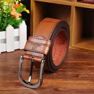 Men's brown leather belt with retro pin buckle, casual vintage waistband for jeans.