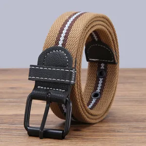 Men's casual canvas belt with metal pin buckle, versatile woven design for daily wear and use.
