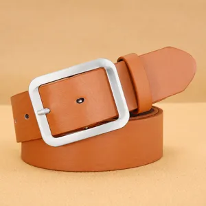 Close-up detail of the stylish men casual PU leather belt with silver square pin buckle.